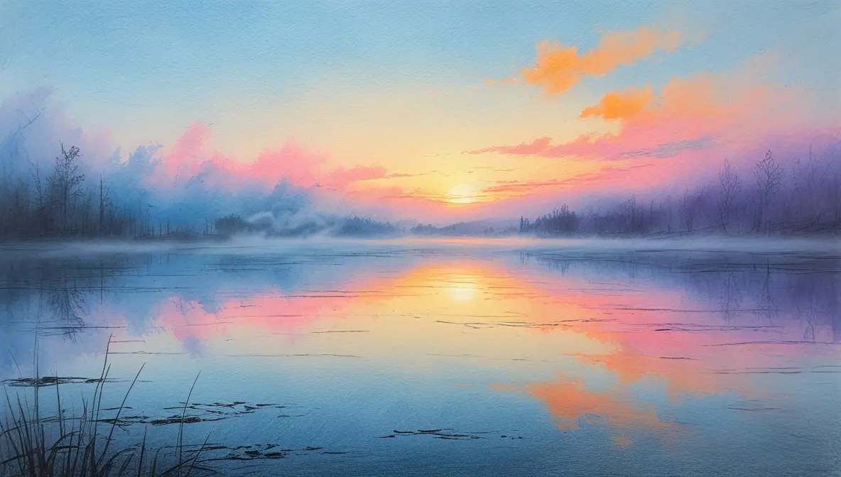 Serene sunrise meditation scene with sunrise reflecting in misty lake, mindfulness and inner peace visualization