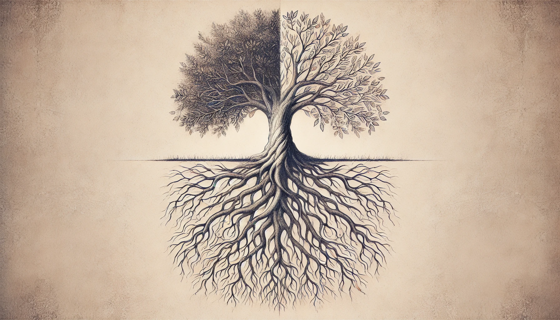 A minimalist pencil sketch of a tree with intricate roots symbolizing inner growth and blossoming branches representing transformation, set against a blank background