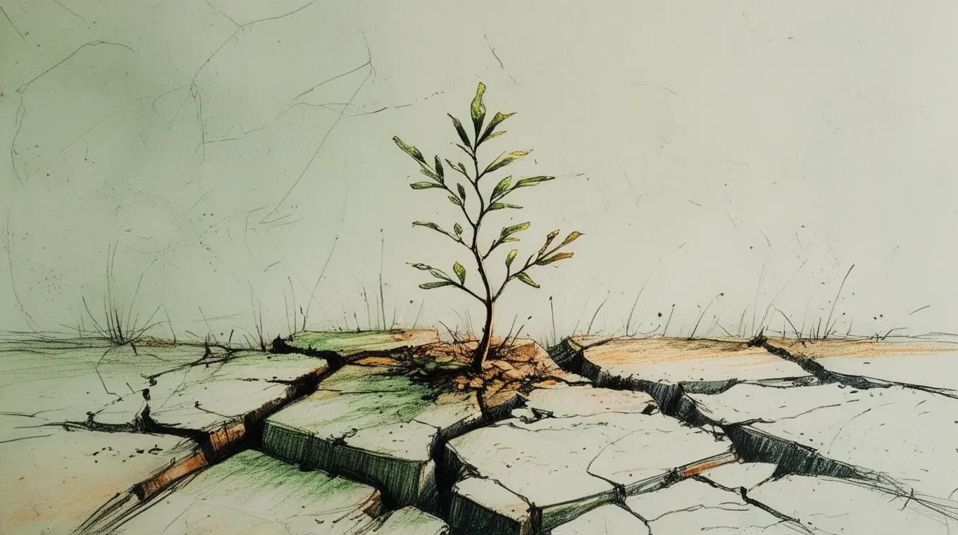 Sapling breaking through concrete symbolizing personal transformation and overcoming limitations through small victories, inspired by Neville Goddard's teachings on imagination.