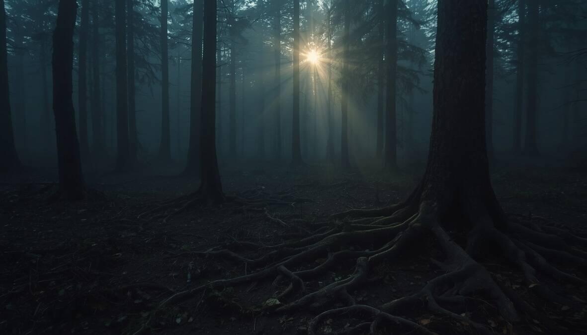 Ancient tree roots in a misty forest floor, soft light breaking through the canopy — evoking stillness and grounding