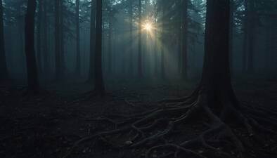 Ancient tree roots in a misty forest floor, soft light breaking through the canopy — evoking stillness and grounding
