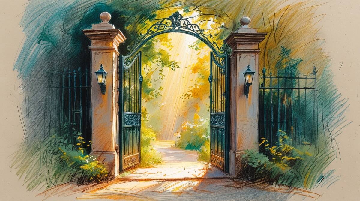 Beautiful garden gate opening with golden light, representing access to inner guidance and wisdom through meditation