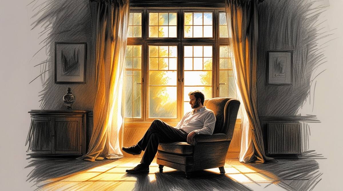 Man sitting alone in living room with sunlight streaming through windows, contemplating life changes