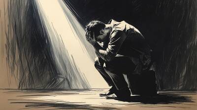 Man sitting in shadows experiencing emotional breaking point and dark night of the soul