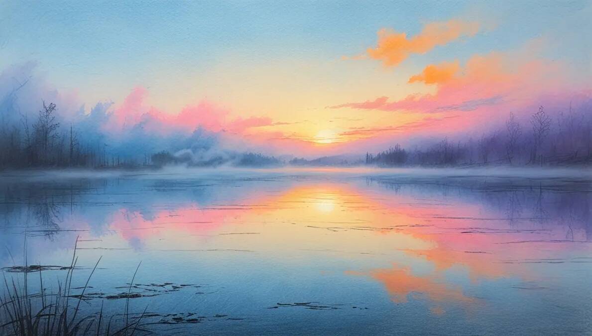 Serene sunrise meditation scene with sunrise reflecting in misty lake, mindfulness and inner peace visualization