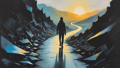 A person walking on a winding path of transformation, moving from shadowy surroundings toward light